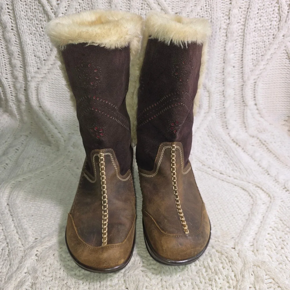 J-41‎ Naples Mid Calf Boots Winter Brown Suede Leather Faux Fur Lining Women 8M